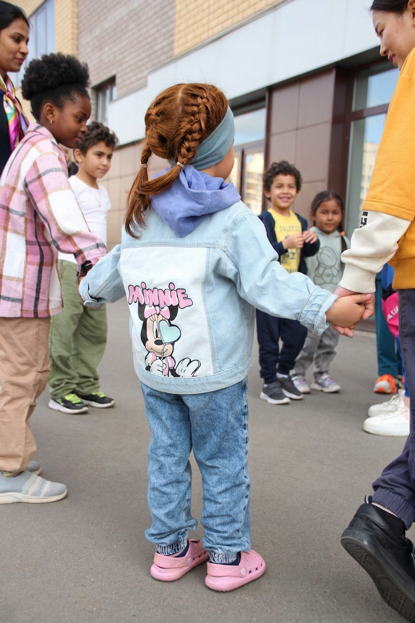 children holding hands in circle playing on street